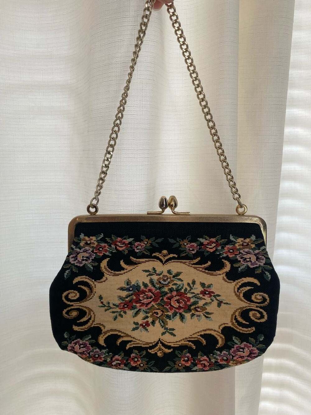 Vintage Eldee Floral Tapestry Evening Bag with Gold Chain Made in Japan